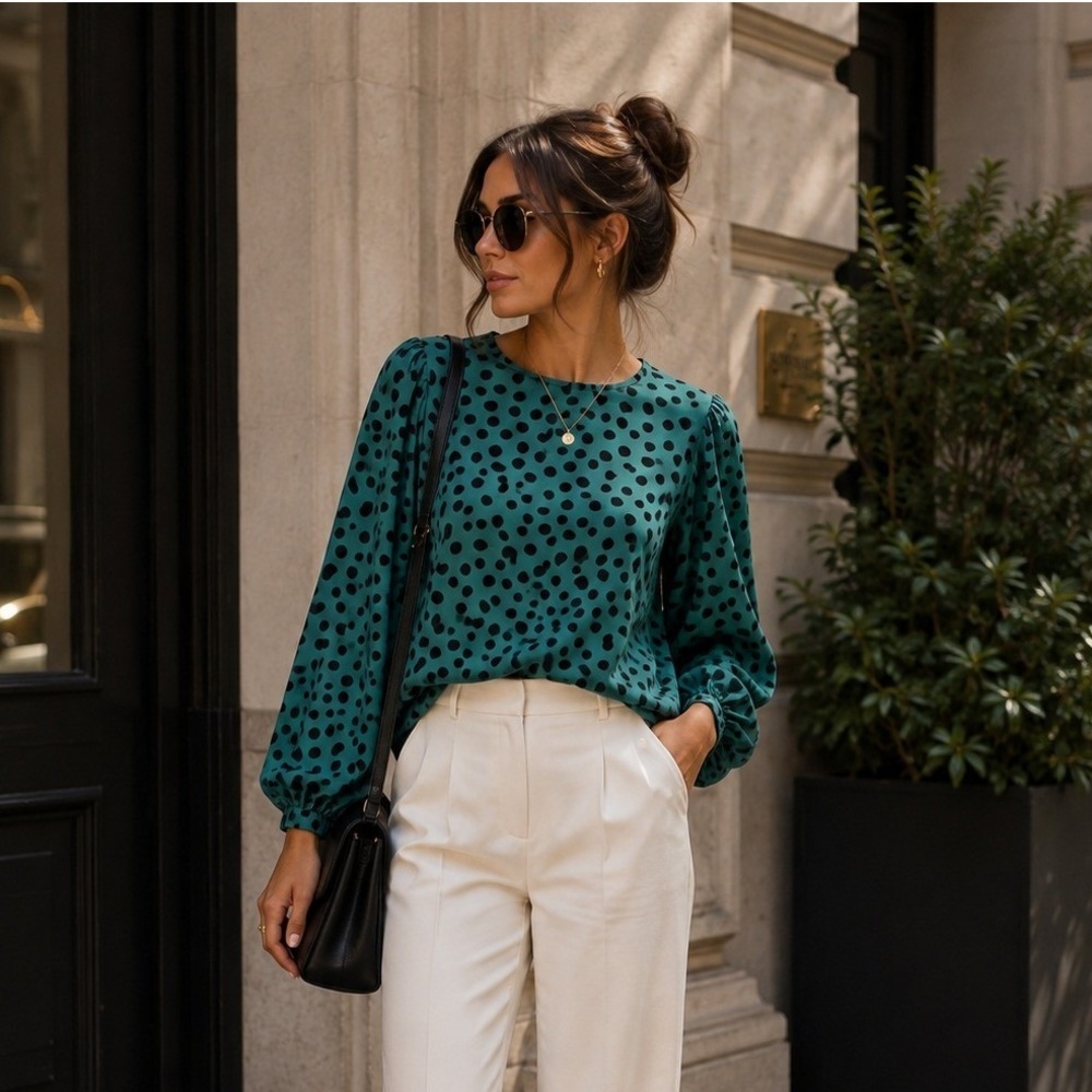 Who What Wear Green Polka Dot Puff Sleeve Blouse Crew Neck Top Large